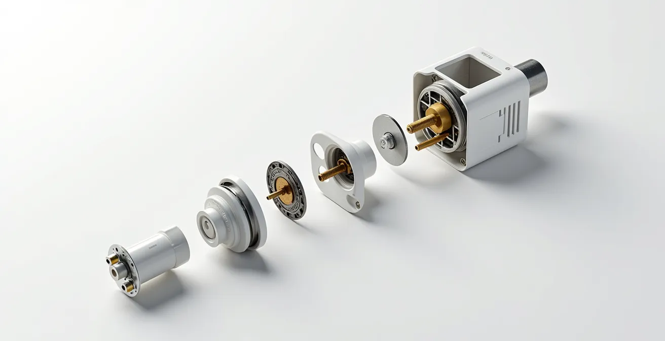 Vue éclatée des composants d'une prise électrique française avec boîte d'encastrement et mécanisme