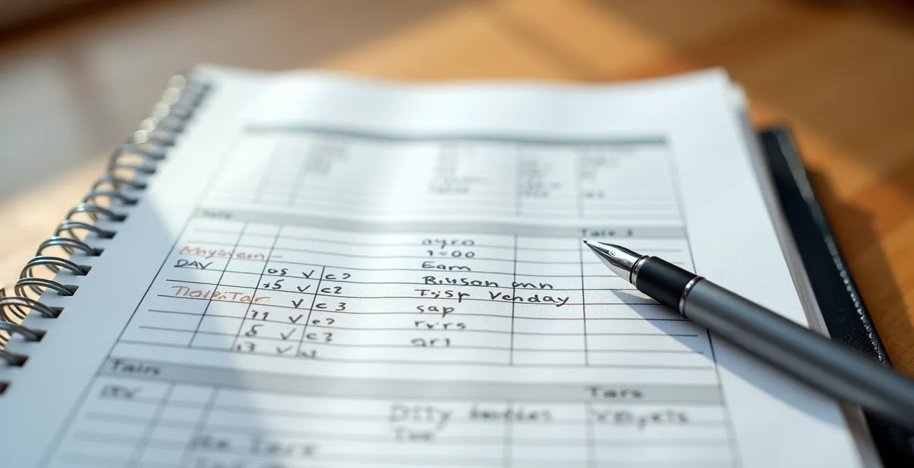 Carnet d'entretien électrique ouvert avec checklist manuscrite et stylo posé à côté