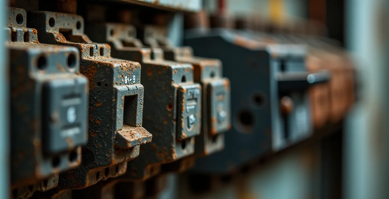 Tableau électrique ancien avec anomalies visibles lors d'un diagnostic
