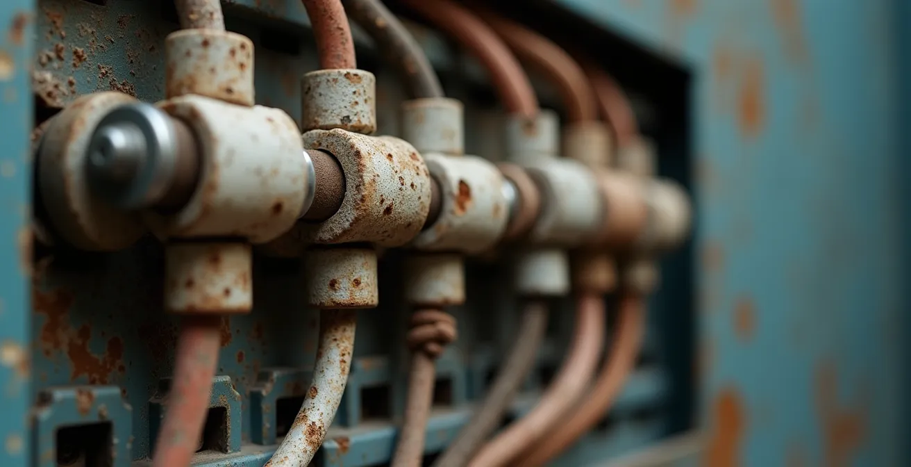 Gros plan sur un ancien tableau électrique avec fusibles en porcelaine et fils gainés de tissu nécessitant une rénovation complète