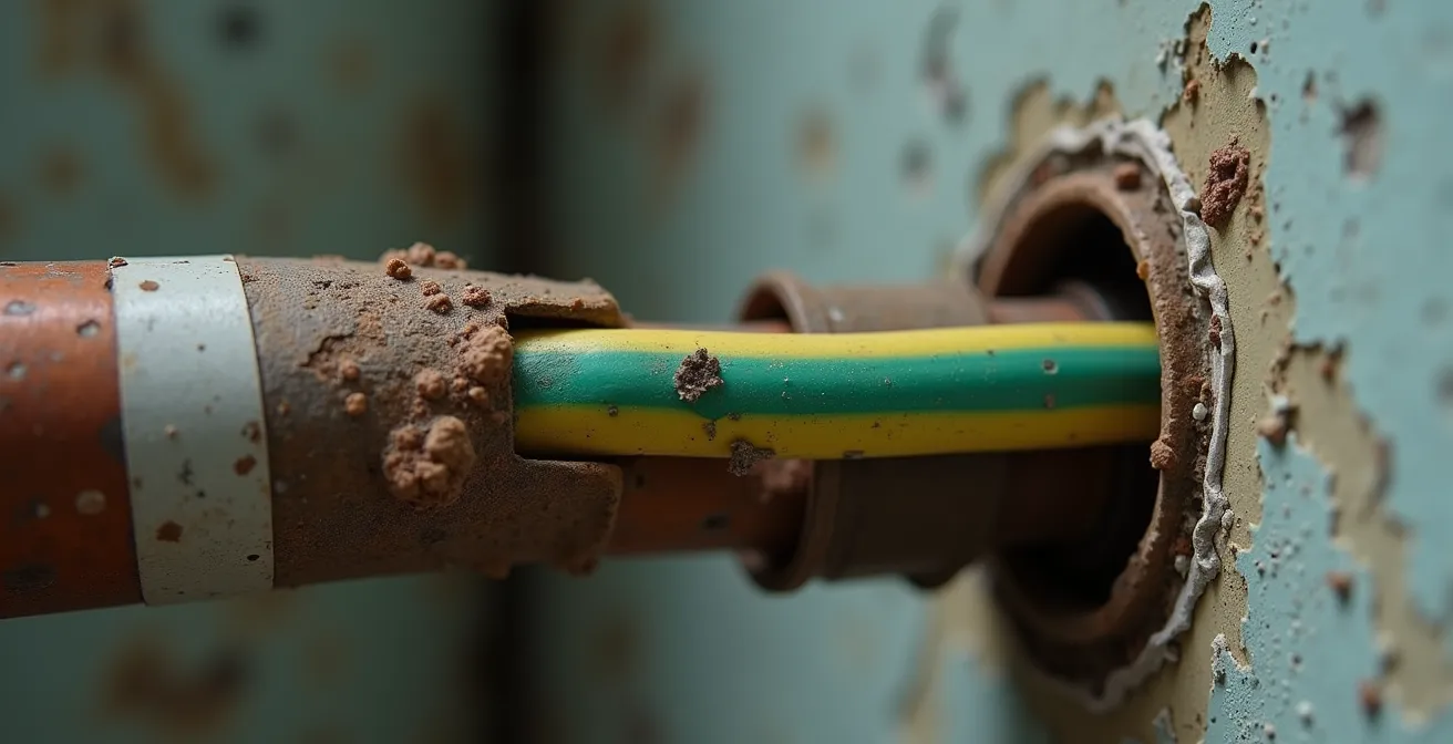 Gros plan sur une connexion électrique non conforme avec fil de terre mal raccordé