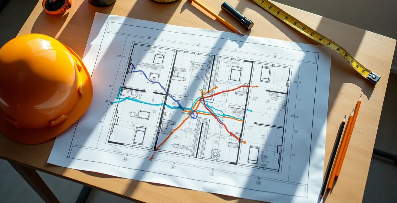 Plan architectural avec marquages colorés des futurs circuits électriques posé sur une table de chantier