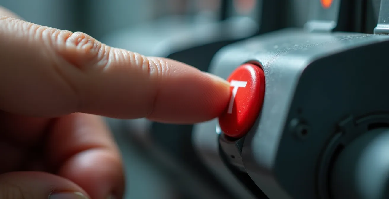 Gros plan sur un interrupteur différentiel 30mA avec bouton test dans un tableau électrique