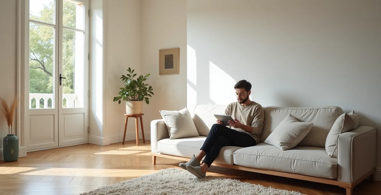 Personne analysant sa consommation électrique sur tablette dans un intérieur français moderne
