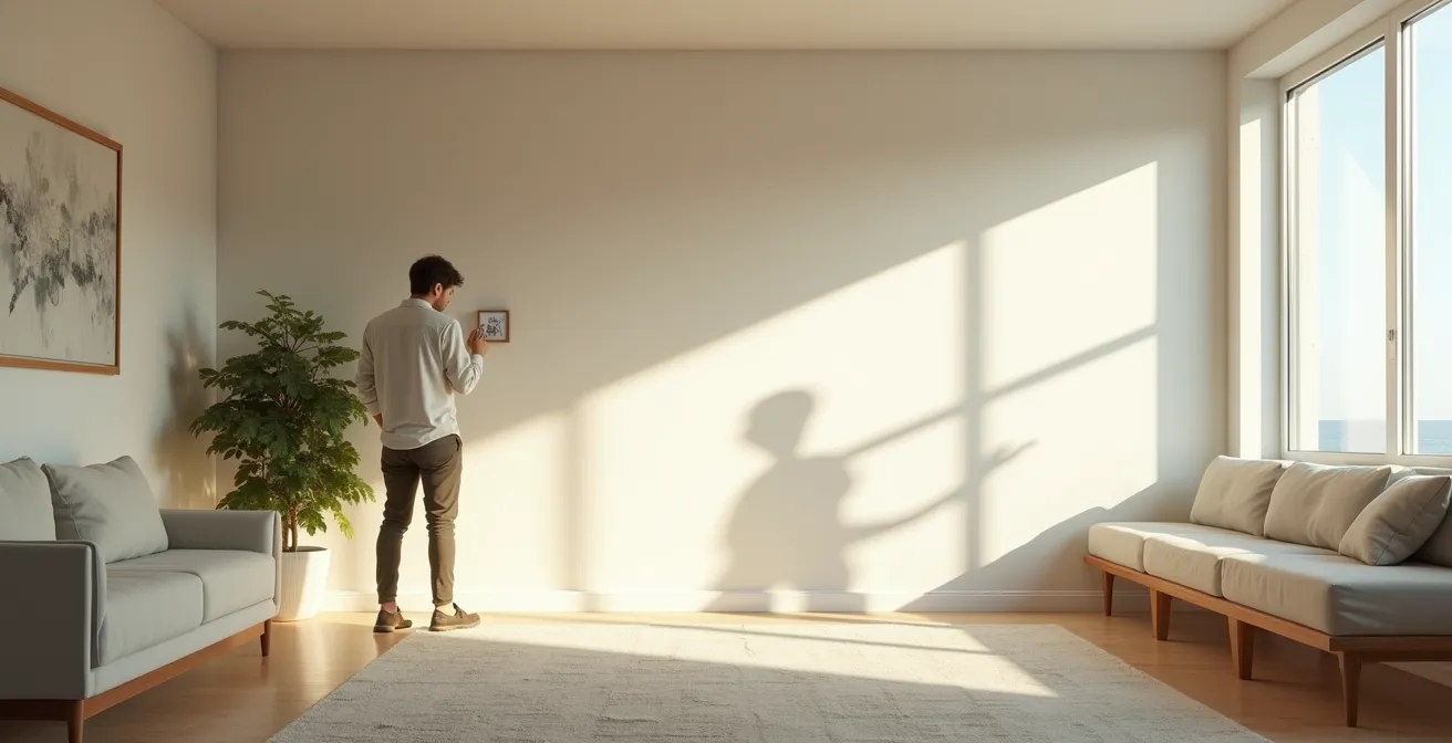 Vue d'ensemble d'un espace de vie moderne avec suggestion subtile de gestion énergétique intelligente