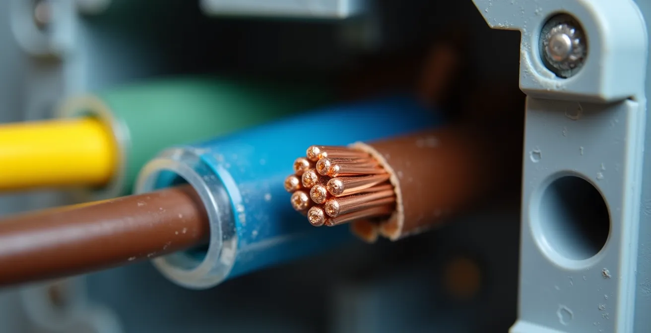 Boîte de dérivation ouverte montrant des connexions électriques professionnelles avec connecteurs