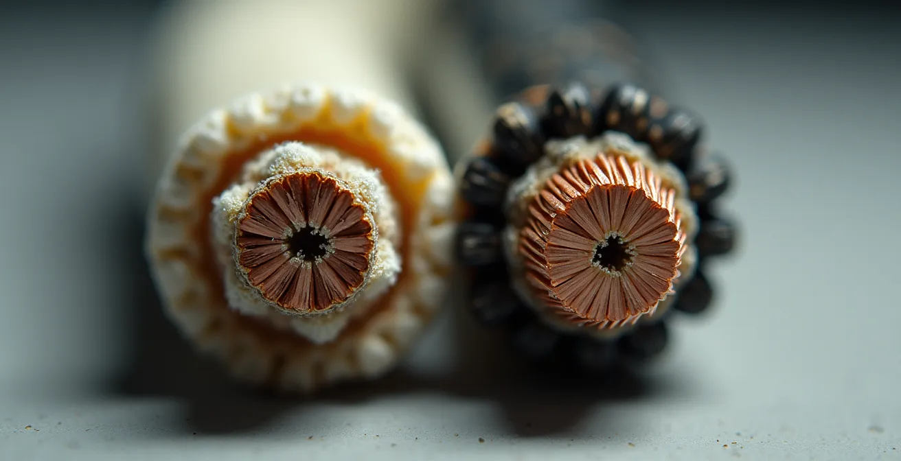 Comparaison entre un câble électrique gainé de tissu ancien et un câble moderne aux normes