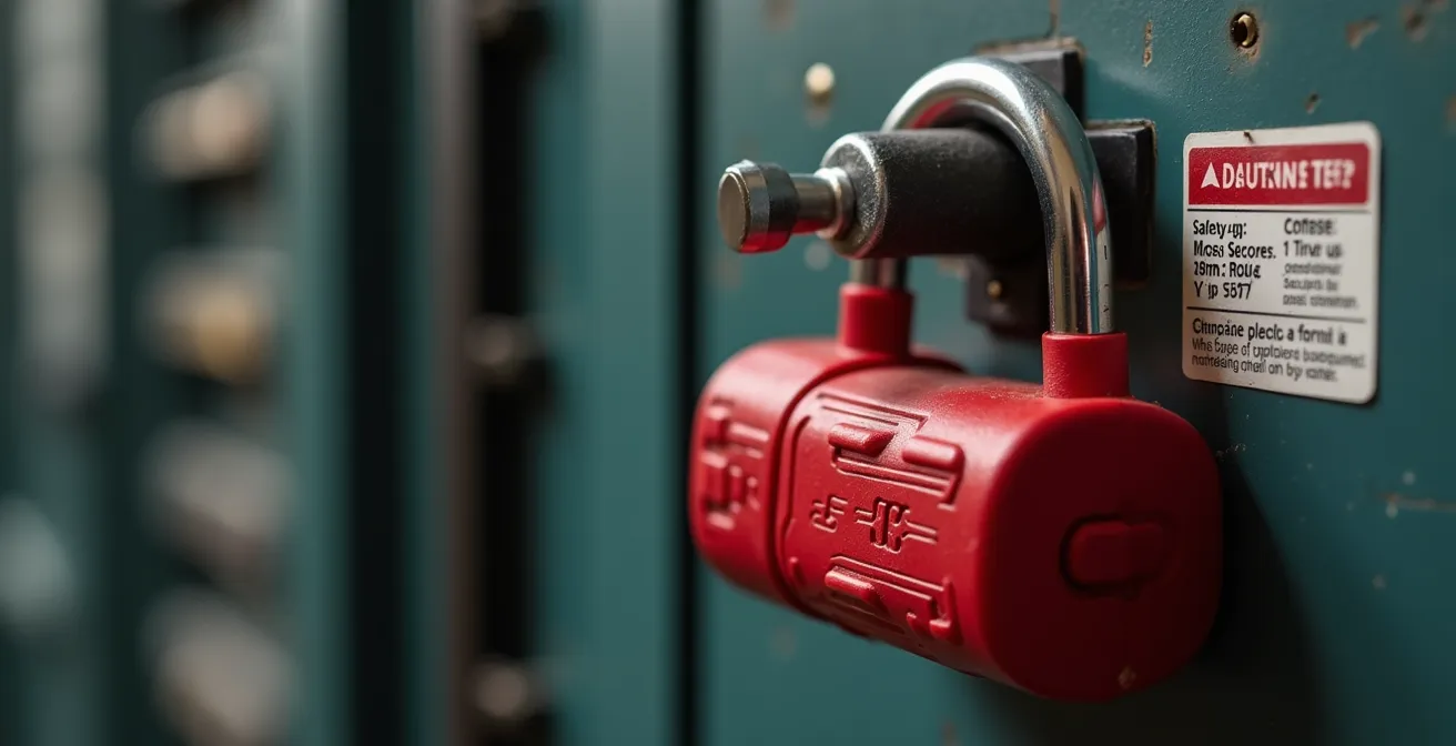 Gros plan sur un système de verrouillage de disjoncteur avec cadenas rouge et étiquette de sécurité dans un tableau électrique industriel