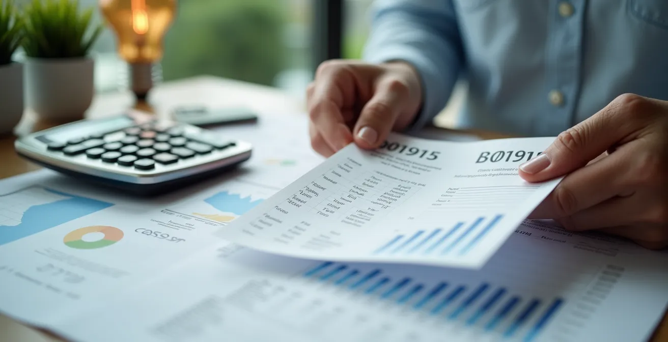 Bureau moderne avec calculatrice et factures d'électricité montrant les économies réalisées avec les LED