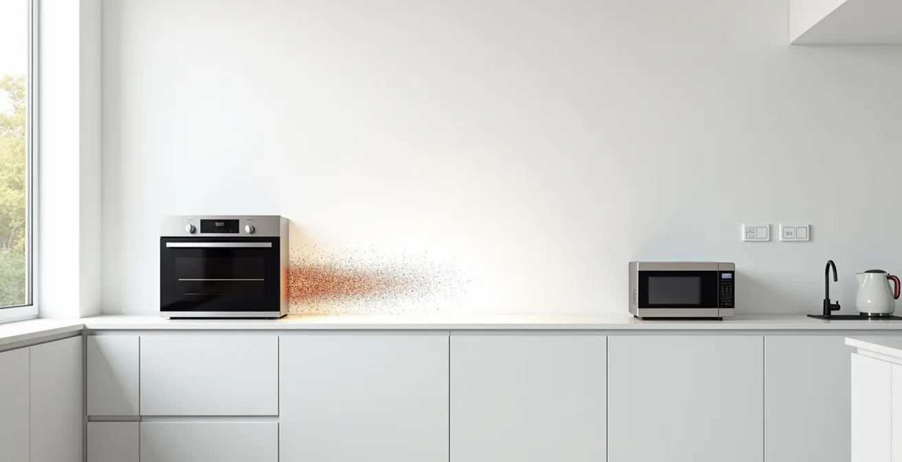 Vue minimaliste d'un four et d'un micro-ondes avec visualisation énergétique abstraite