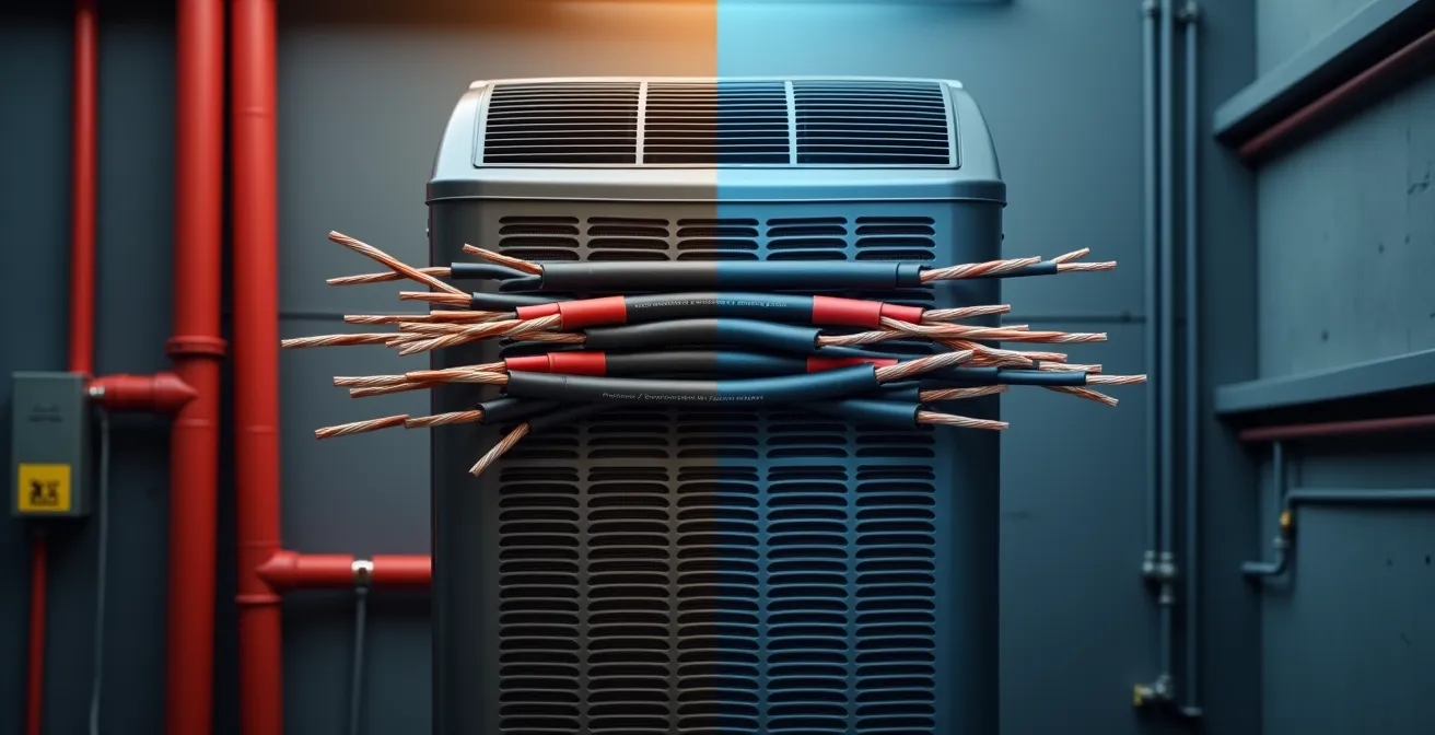 Comparaison visuelle entre une installation électrique monophasée et triphasée pour pompe à chaleur