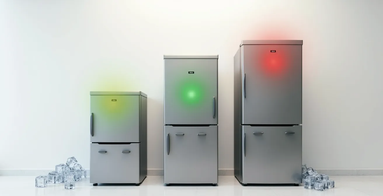 Intérieur de cuisine avec trois réfrigérateurs côte à côte montrant différentes classes énergétiques