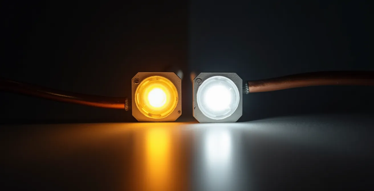 Comparaison visuelle de l'intensité lumineuse entre rubans LED 12V et 24V sur 5 mètres