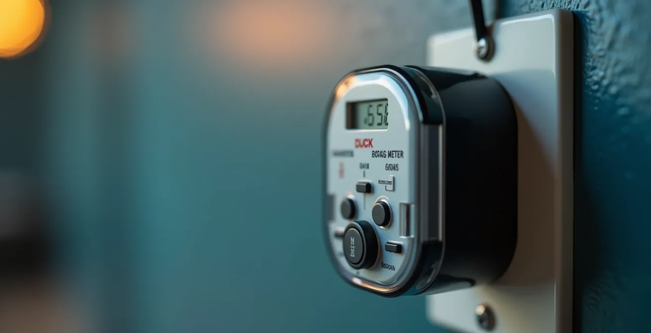 Gros plan sur un consomètre branché entre une prise murale et un appareil électrique