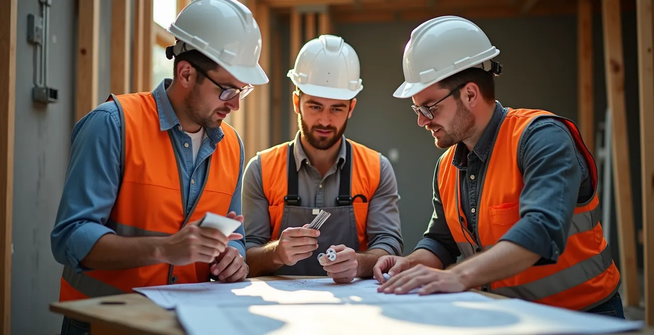 Réunion de coordination entre électricien, plaquiste et plombier sur un chantier
