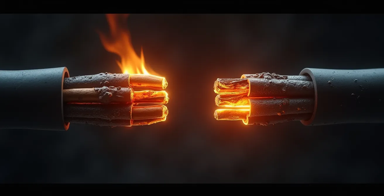 Détail d'une connexion électrique dangereuse montrant des signes de surchauffe sur des câbles mal raccordés