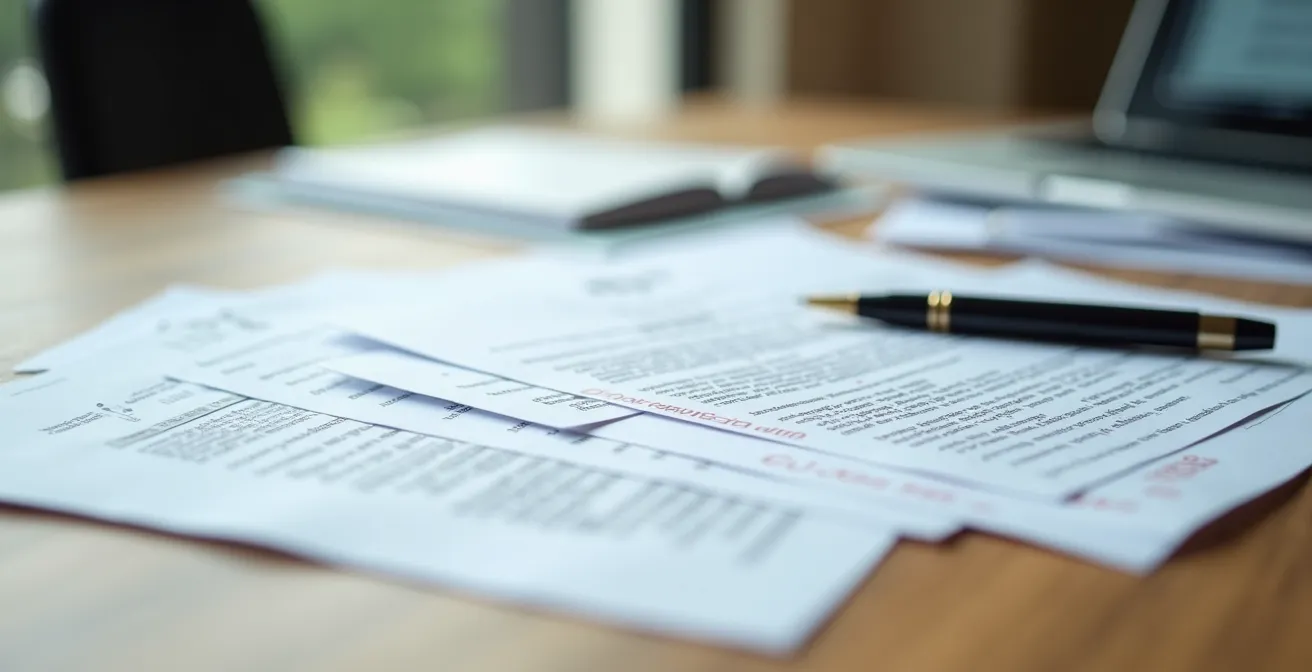 Bureau avec documents administratifs pour installation solaire étalés sur table en bois