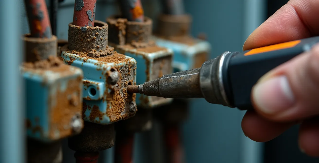 Gros plan sur un diagnostic de tableau électrique ancien nécessitant rénovation