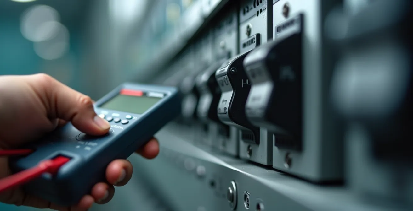 Tableau électrique moderne avec disjoncteurs et main tenant un multimètre pour mesurer la charge