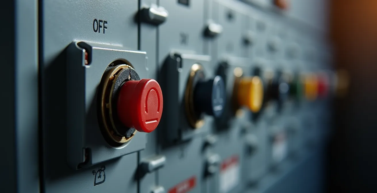 Vue rapprochée d'un disjoncteur de branchement AGCP dans un tableau électrique français