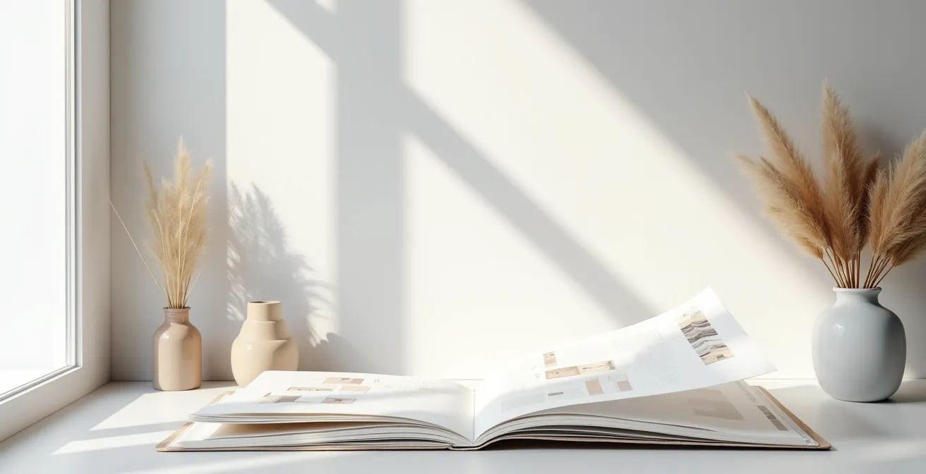 Vue environnementale d'un bureau avec documents de rénovation organisés