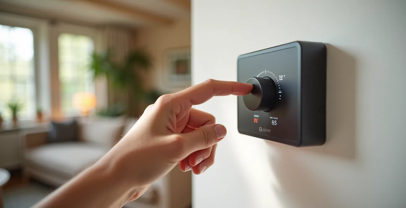Main ajustant un thermostat moderne dans un intérieur français avec détails d'économie d'énergie