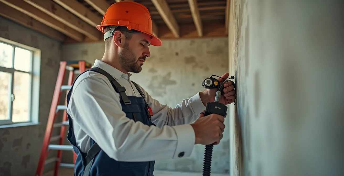Électricien professionnel travaillant sur l'installation de câbles électriques dans une maison en construction