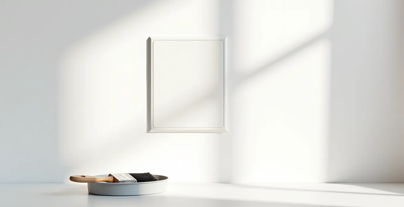 Boîte de dérivation parfaitement encastrée dans un mur en placo avec trappe affleurante prête à être peinte