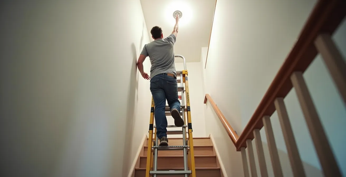 Escabeau professionnel positionné dans une cage d'escalier avec système de compensation de niveau visible