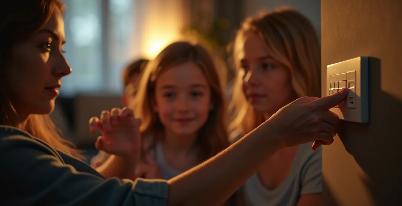 Famille dans un salon moderne éteignant ensemble une multiprise le soir