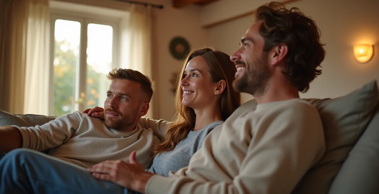 Famille dans un salon moderne avec éclairage naturel et quelques éléments connectés discrets