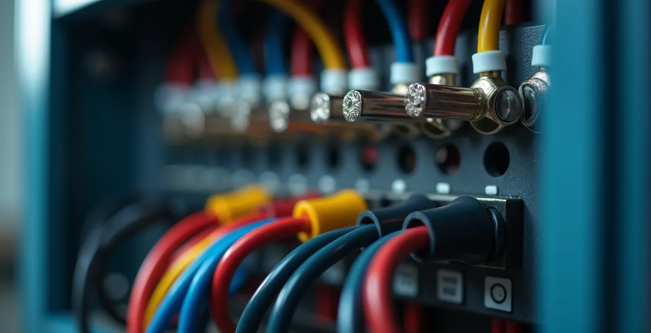 Gaine technique de logement ouverte montrant la séparation des courants forts et faibles