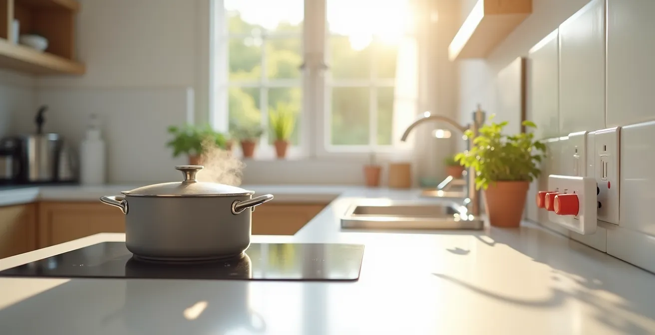 Cuisine moderne avec casserole couverte sur plaque de cuisson et multiprises à interrupteur