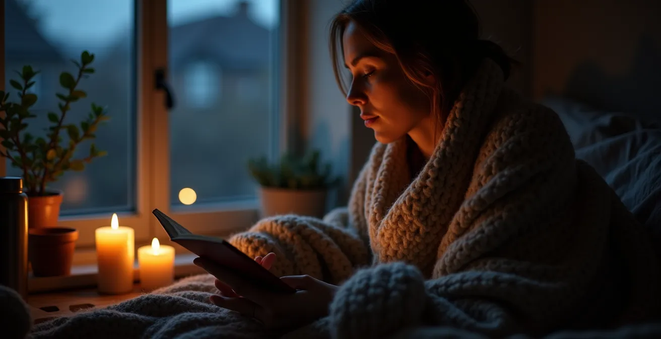 Intérieur de maison en soirée avec éclairage minimal suggérant l'effacement de consommation