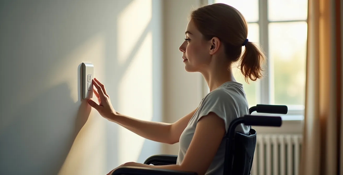 Vue latérale montrant la hauteur réglementaire d'installation des interrupteurs pour l'accessibilité