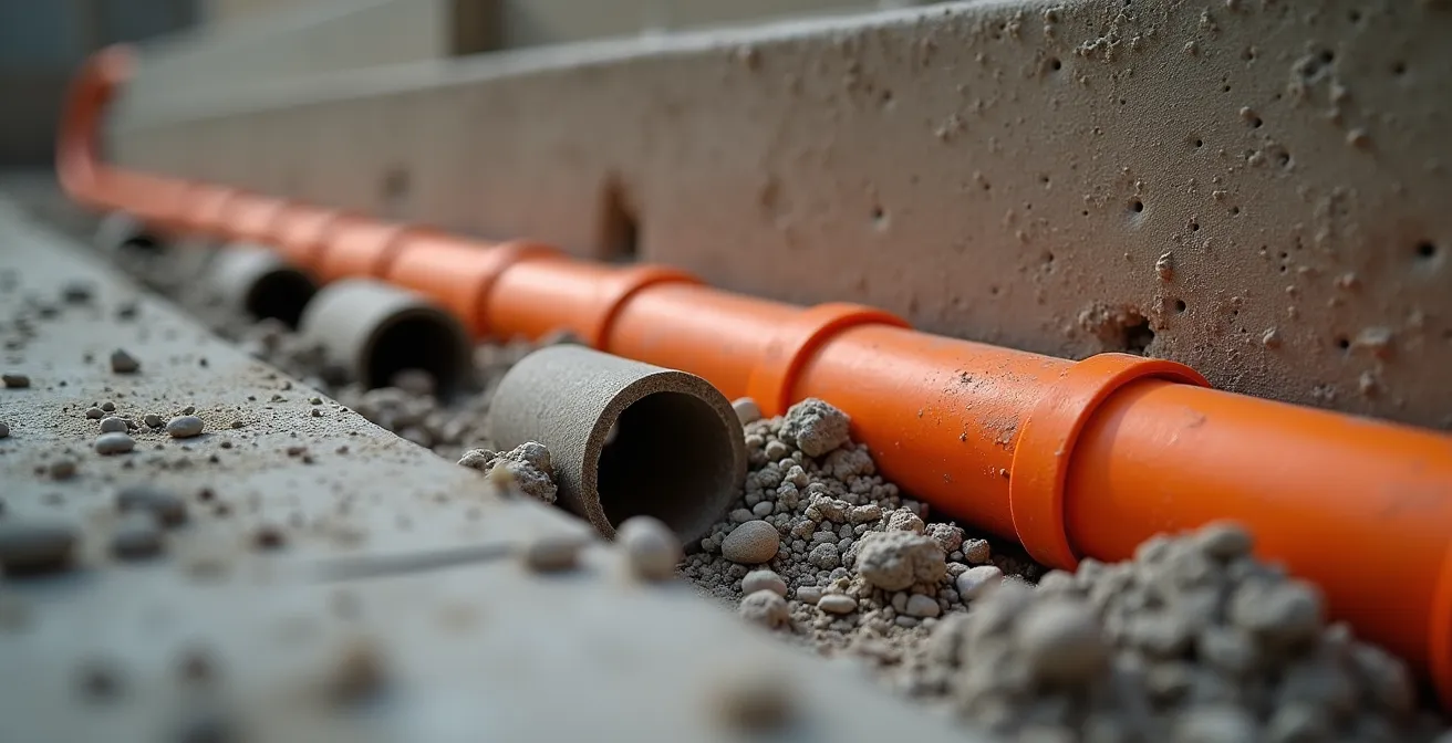 Coupe technique d'un îlot central de cuisine montrant le passage des gaines électriques dans la dalle