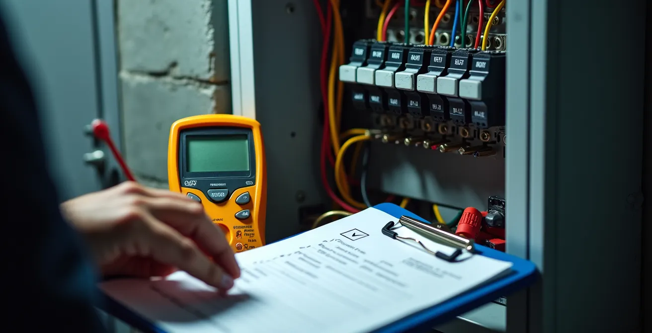 Inspecteur Consuel vérifiant un tableau électrique avec ses outils de mesure