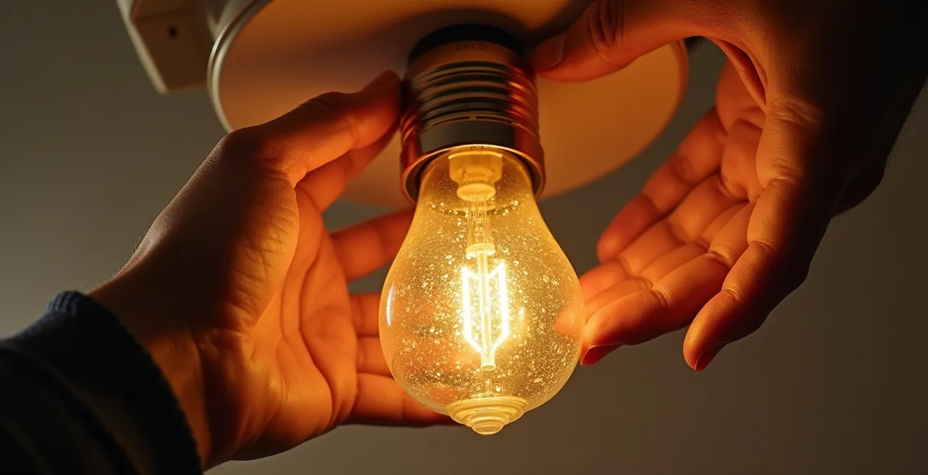 Main installant une ampoule connectée Philips Hue dans un luminaire moderne