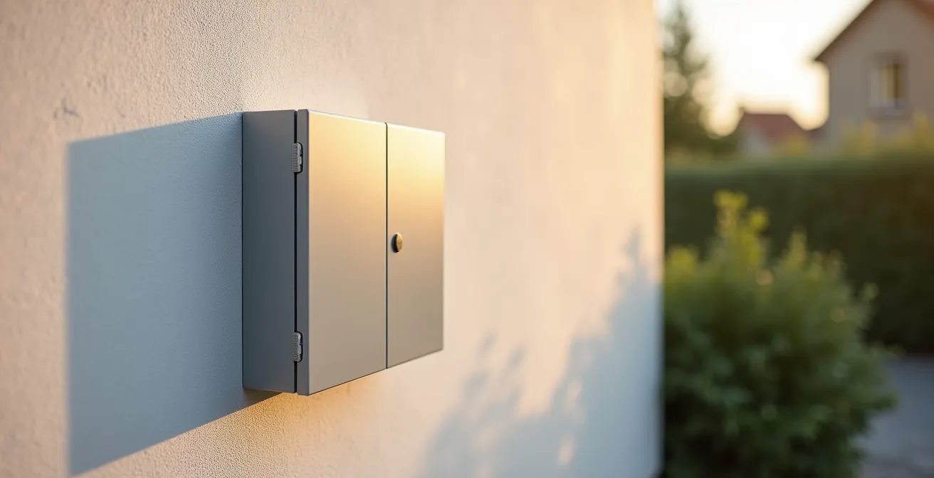 Coffret électrique extérieur S20 installé sur un mur avec protection intempéries