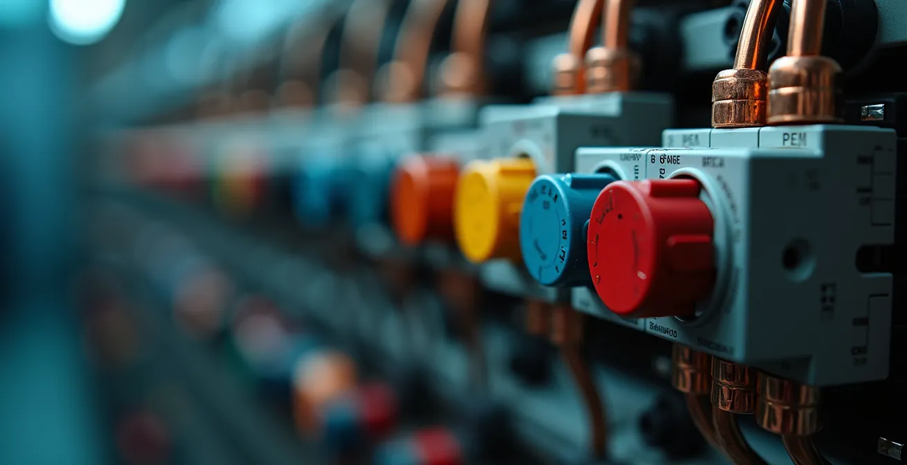 Gros plan sur panneau électrique moderne avec composants colorés