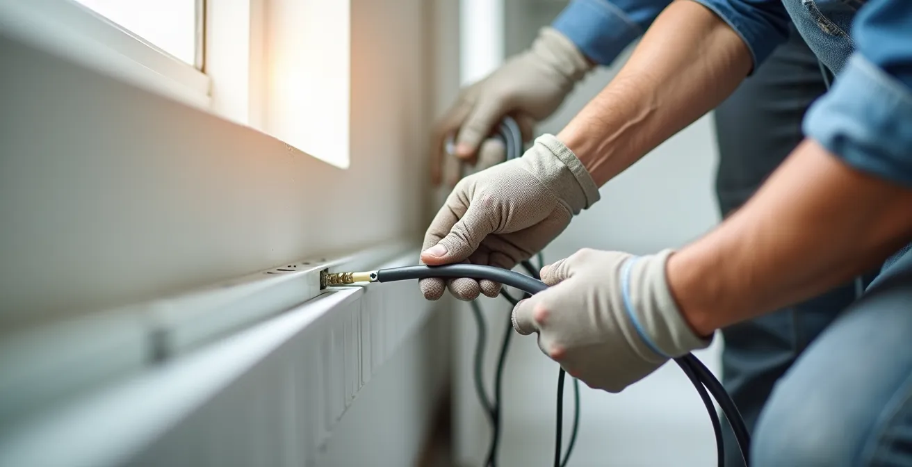 Installation de goulottes électriques modernes le long d'un mur intérieur