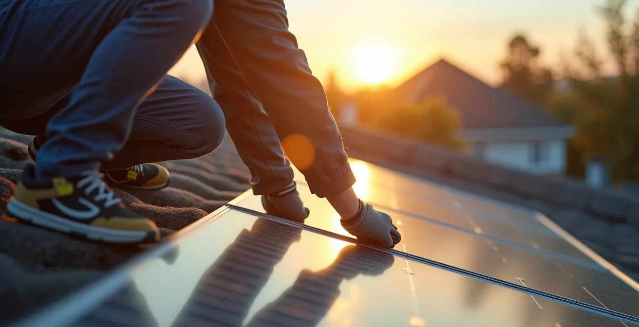 Installation de panneaux solaires sur toiture avec onduleur et câblage visible