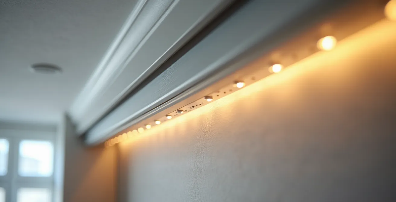 Installation professionnelle d'un ruban LED dans un profilé aluminium le long d'une corniche de plafond