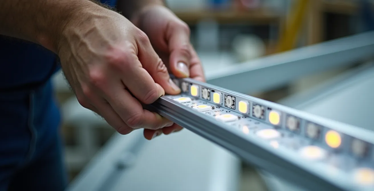 Installation professionnelle d'un ruban LED dans un profilé aluminium avec outils et connecteurs