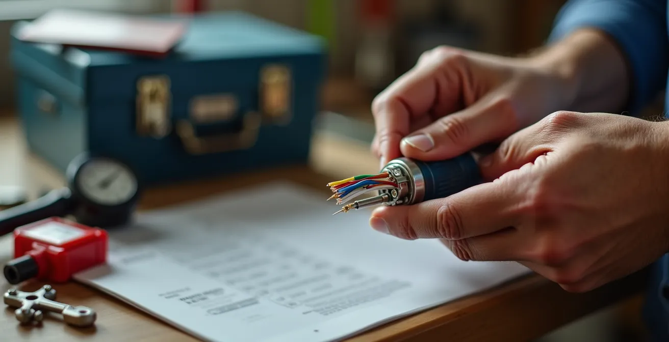 Mains d'un bricoleur installant un thermostat connecté avec outils professionnels