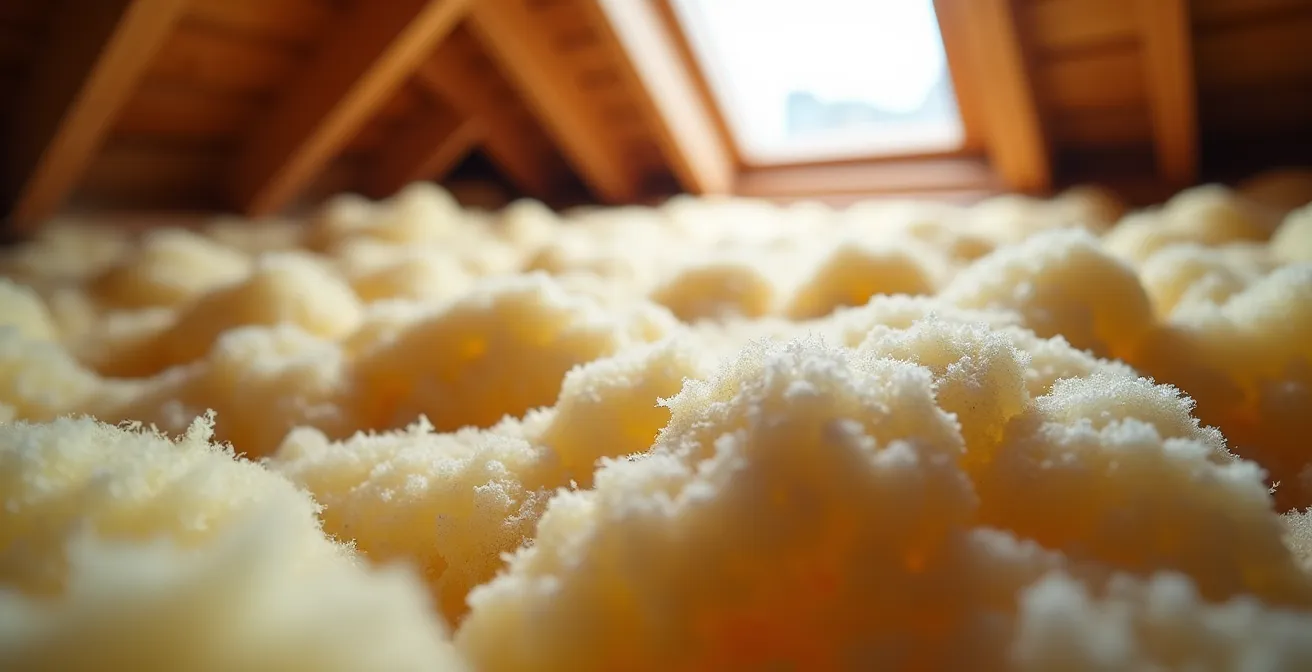 Vue en coupe de combles avec isolation en laine minérale en cours de pose