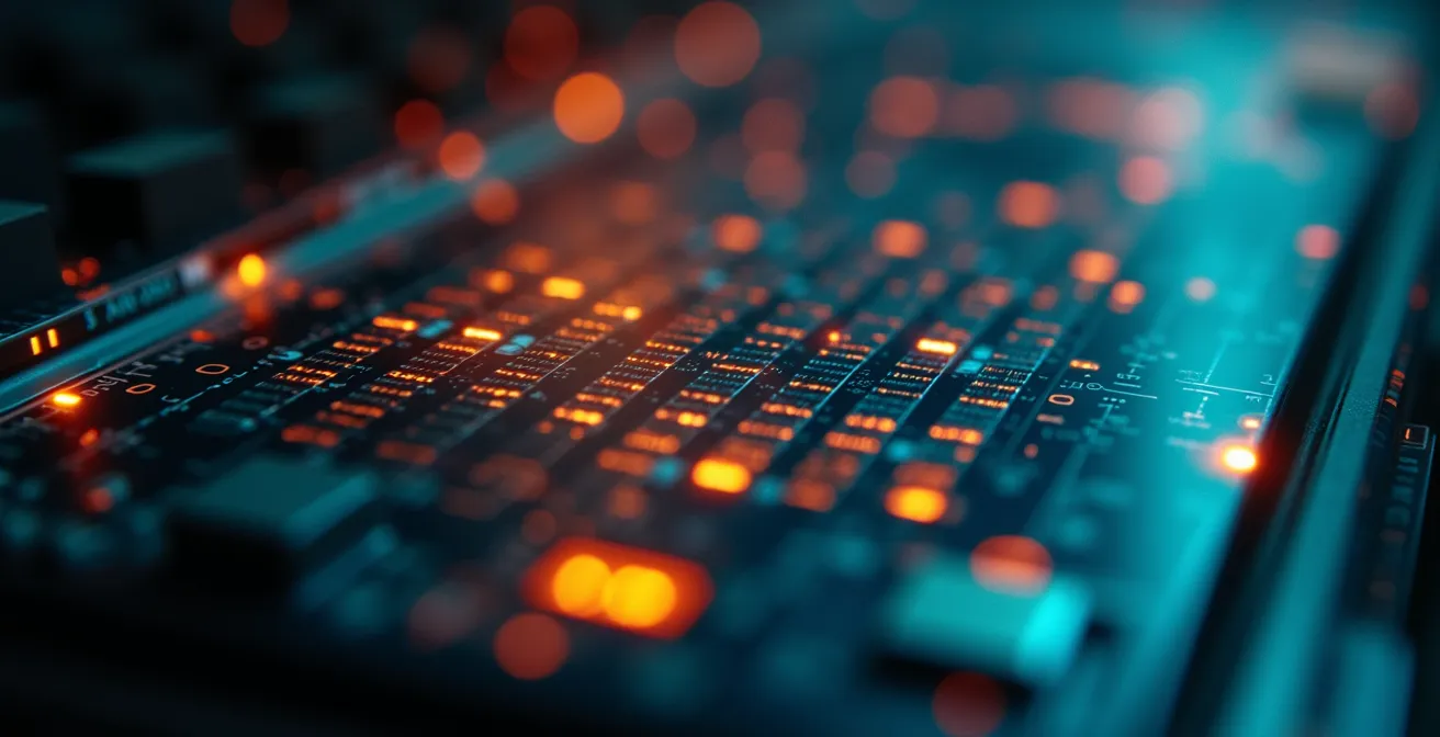 Gros plan macro sur l'écran d'un compteur électrique montrant des indicateurs de consommation avec des reflets lumineux abstraits