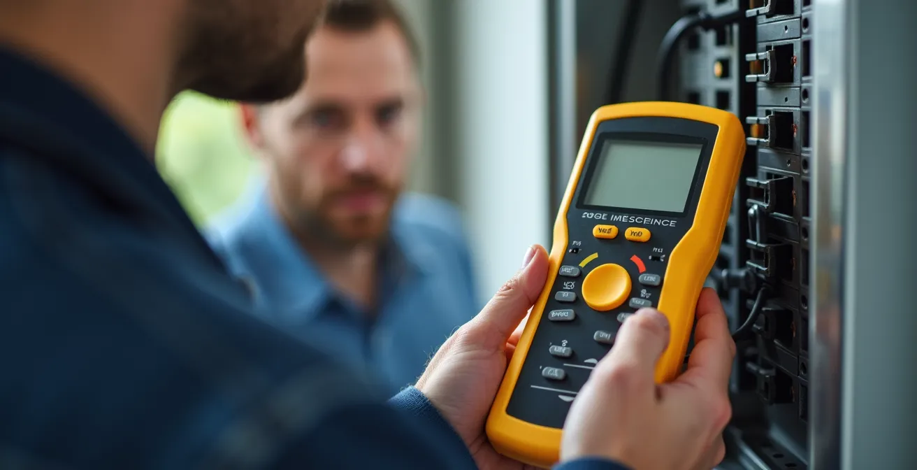 Électricien utilisant un VAT pour vérifier l'absence de tension sur un tableau électrique français