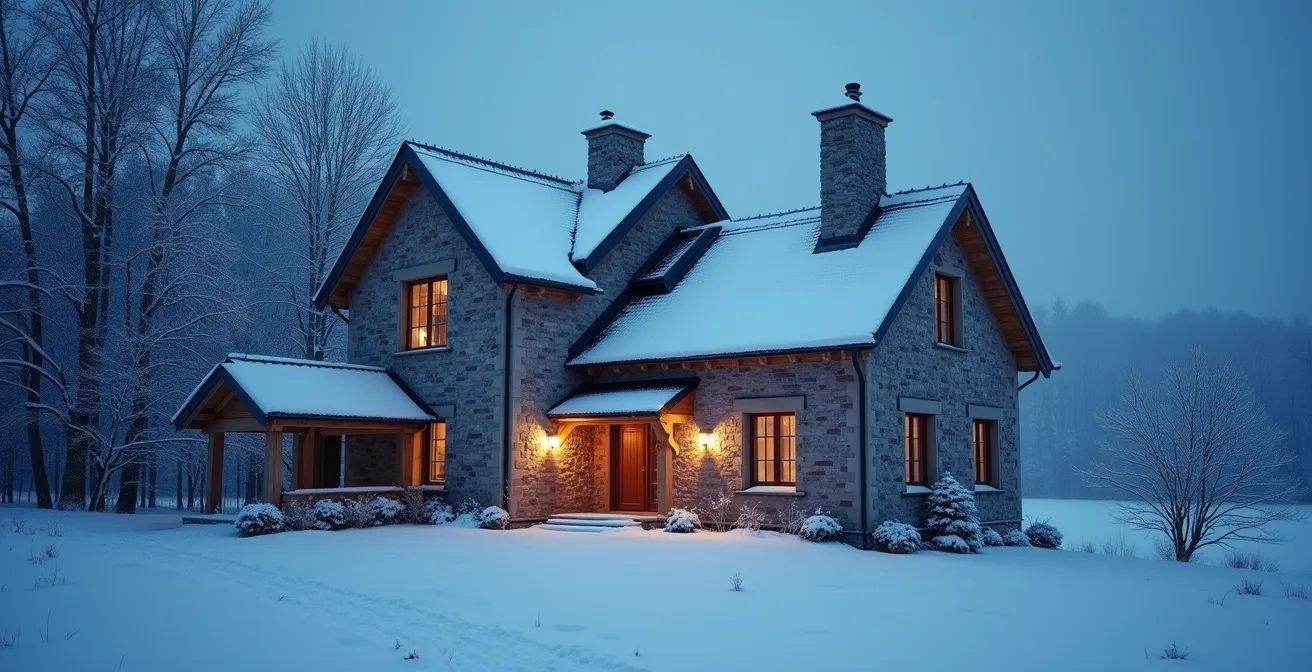 Maison de campagne en hiver avec éclairage intérieur tamisé suggérant un chauffage minimal