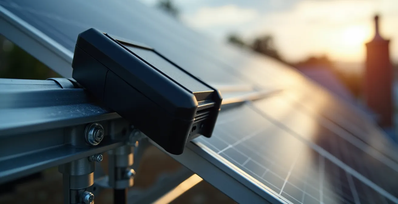 Micro-onduleurs installés sous des panneaux solaires sur une toiture française avec zones d'ombre créées par une cheminée